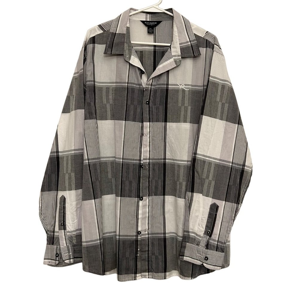 Rocawear Men Button Up Shirt Stripped Long Sleeve Plaid Dressy